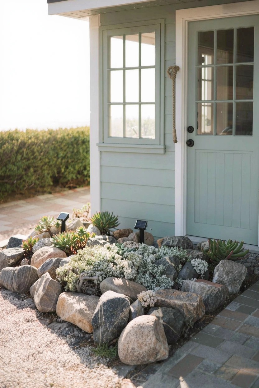 Sage green shed with white-trimmed divided-light windows and paneled door, bordered by a low garden bed of assorted rocks, succulents, and white-flowering groundcover plants, plus solar lights and a brick-paver path.