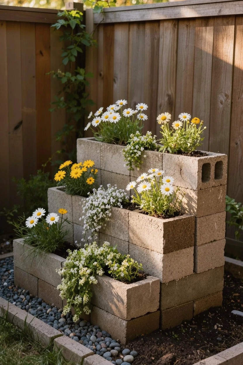 Tiered flower bed made from stacked concrete blocks planted with white daisies, yellow flowers, and trailing greenery, bordered by gravel next to a wooden fence in a backyard.