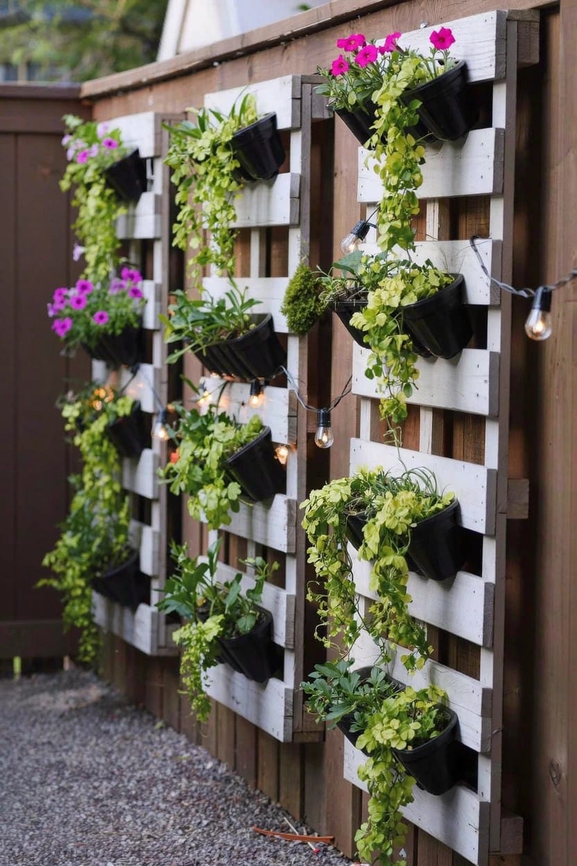 Wooden fence panels with multiple black vertical planters holding green leafy plants and pink flowers, string lights hanging along the top, beside a gravel path.