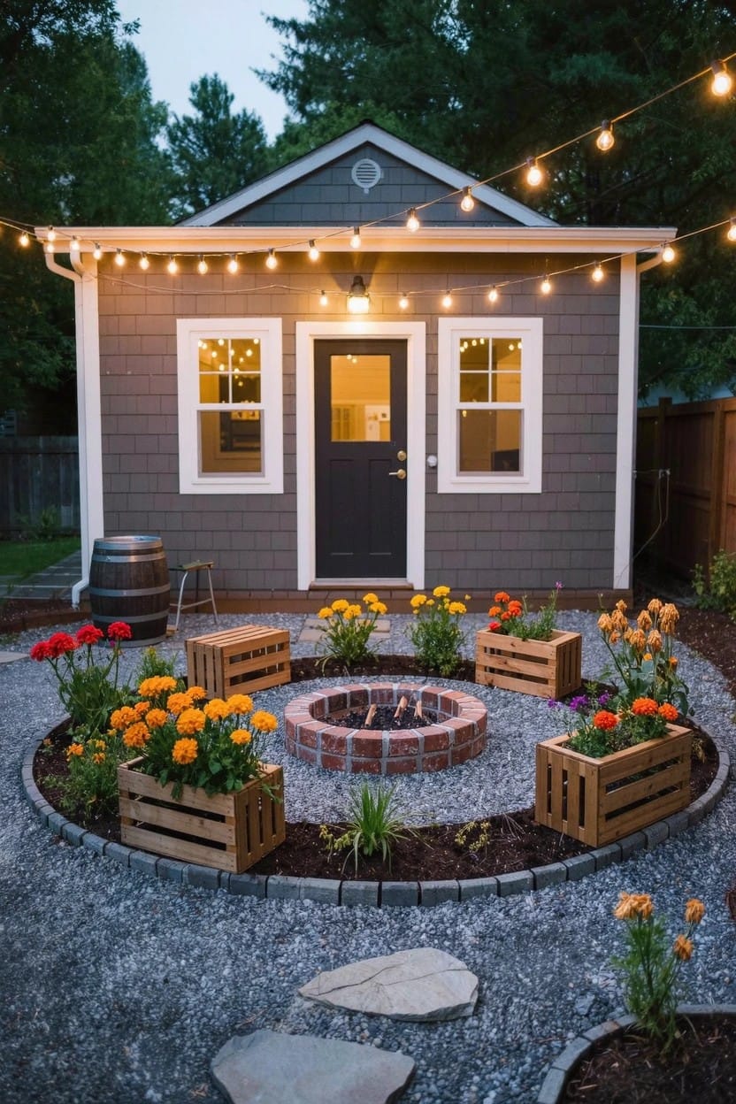 Gray shingled house with gabled roof and black front door, overlooking a gravel backyard patio with central brick fire pit circled by wooden crate planters filled with orange marigolds and red flowers, plus string lights and stepping stones.