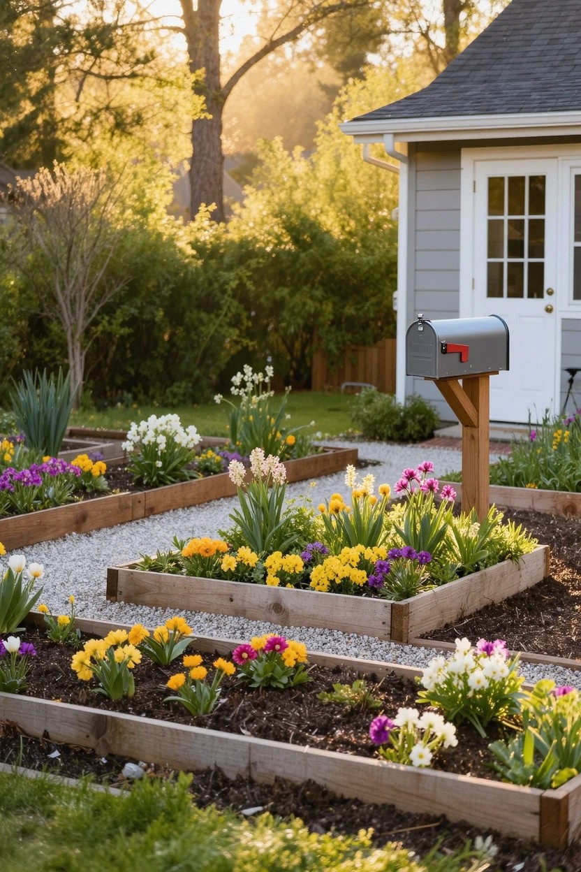 Gray house with white door and mailbox next to wooden raised garden beds planted with colorful tulips, pansies, and other flowers, gravel paths, and yard landscaping.