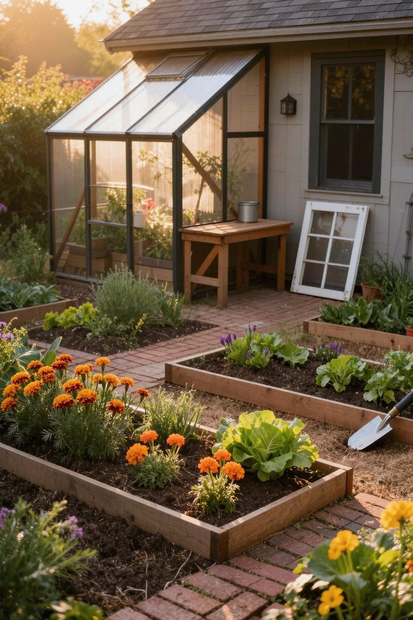 Wooden raised garden beds in a backyard planted with orange marigolds, leafy greens, and vegetables, bordered by brick paths next to a glass-paneled greenhouse and shed.