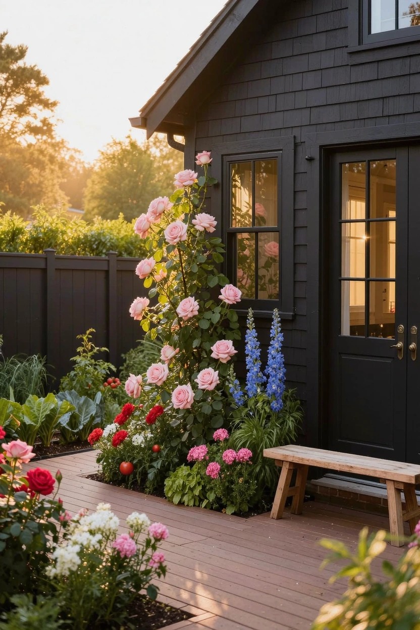 Black shingled backyard shed with pink climbing roses growing tall against its side near the glass door and windows, surrounded by flower beds with delphiniums, roses, vegetables, a wooden bench on a deck, and trees beyond a fence at sunset.