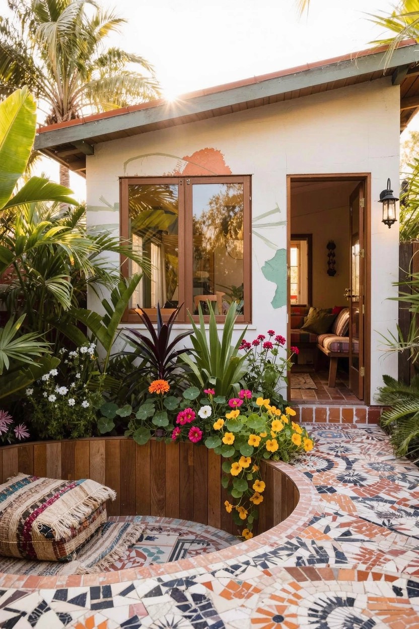 Small white stucco house with open wooden door and large windows, surrounded by tropical plants, a curved wooden raised bed filled with colorful flowers, and a mosaic tile pathway leading to the entry.