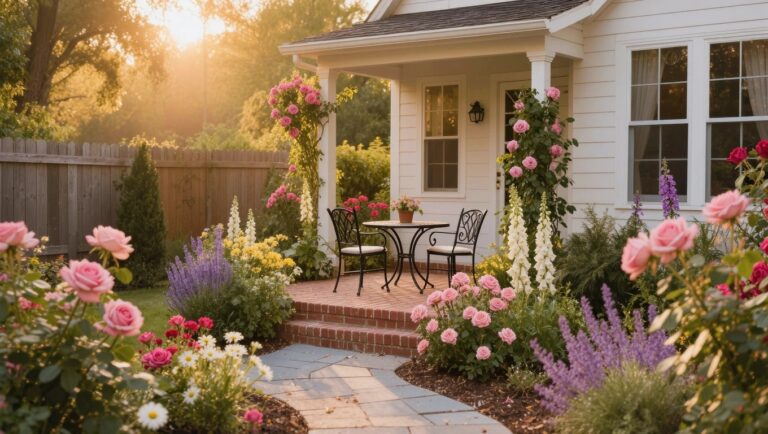 20 Charming Backyard Flower Bed Ideas That Upgrade Any Space White clapboard house with covered porch and brick steps, flanked by flower beds of pink roses, lavender, and white foxgloves, with a stone pathway and wooden picket fence in a garden setting.