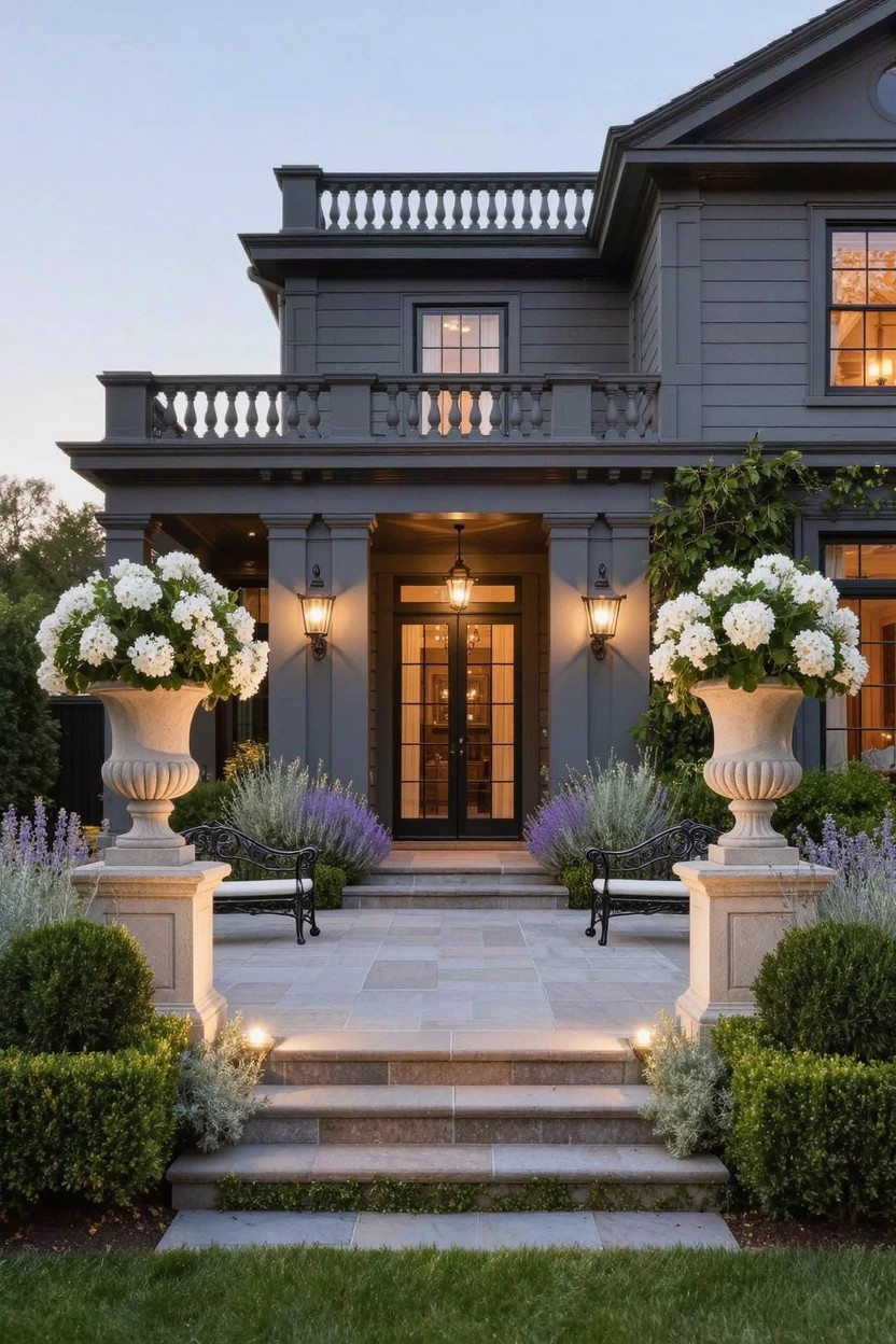 Dark gray clapboard house exterior featuring stone steps up to double doors flanked by matching large urns of white hydrangeas, lavender plants in urns, boxwood hedges, and lanterns.