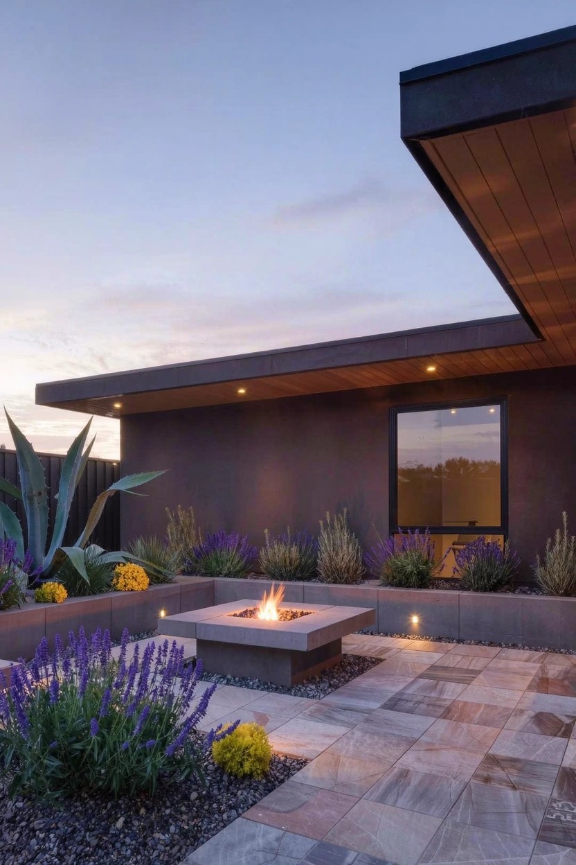 Backyard patio with square gas fire pit at center, surrounded by flower beds of lavender, agave, and yellow flowers on gravel mulch, next to modern house with dark siding and wood overhang at dusk.
