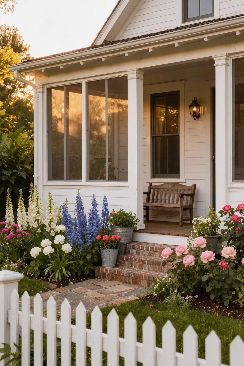 White clapboard house with screened porch supported by columns, wooden bench on porch, brick steps bordered by flower beds of pink roses, white foxgloves, blue delphiniums, and other plants, white picket fence, and stone path in golden hour light.