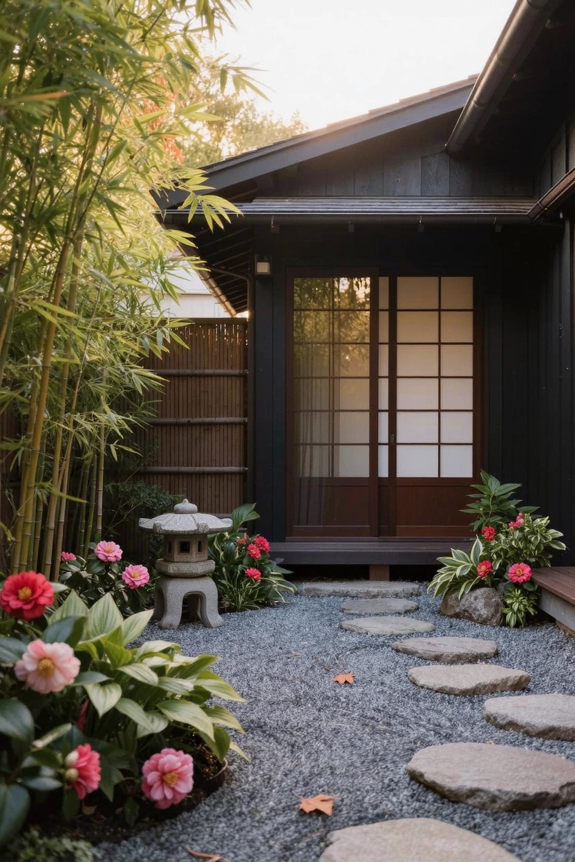 Gray stucco modern house exterior with raised rectangular garden beds edged in rusted metal, planted with agave, lavender, and grasses on gravel ground, mountains in background.