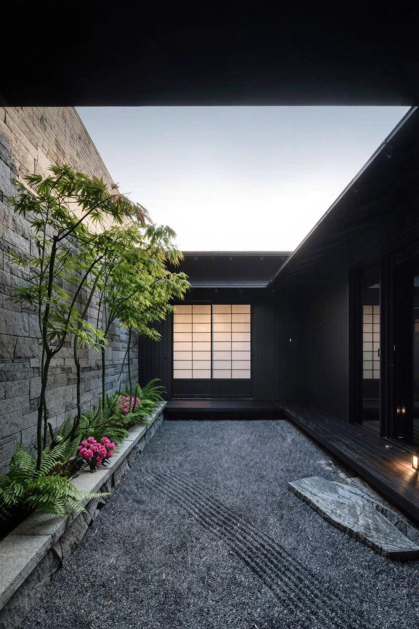 Narrow courtyard with raked gravel path, stone walls topped by dark panels, ferns and pink flowers at wall bases, small green tree in center, shoji window, and wooden deck area.
