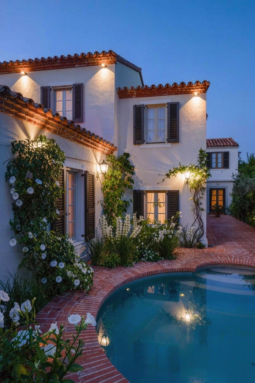 White stucco house with red tile roof at dusk, featuring climbing vines and white flowers along walls and bordering a curved pool with brick edges, illuminated by wall and ground lights.