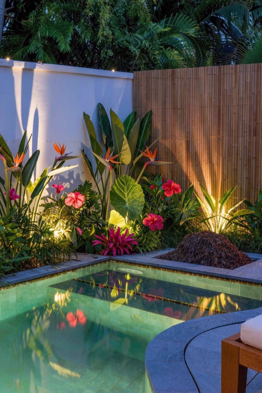 Small turquoise pool in backyard corner edged by lush tropical plants including orange bird of paradise flowers and pink hibiscus, with uplighting, white wall, bamboo fence, stone edging, and lounge chair nearby at dusk.