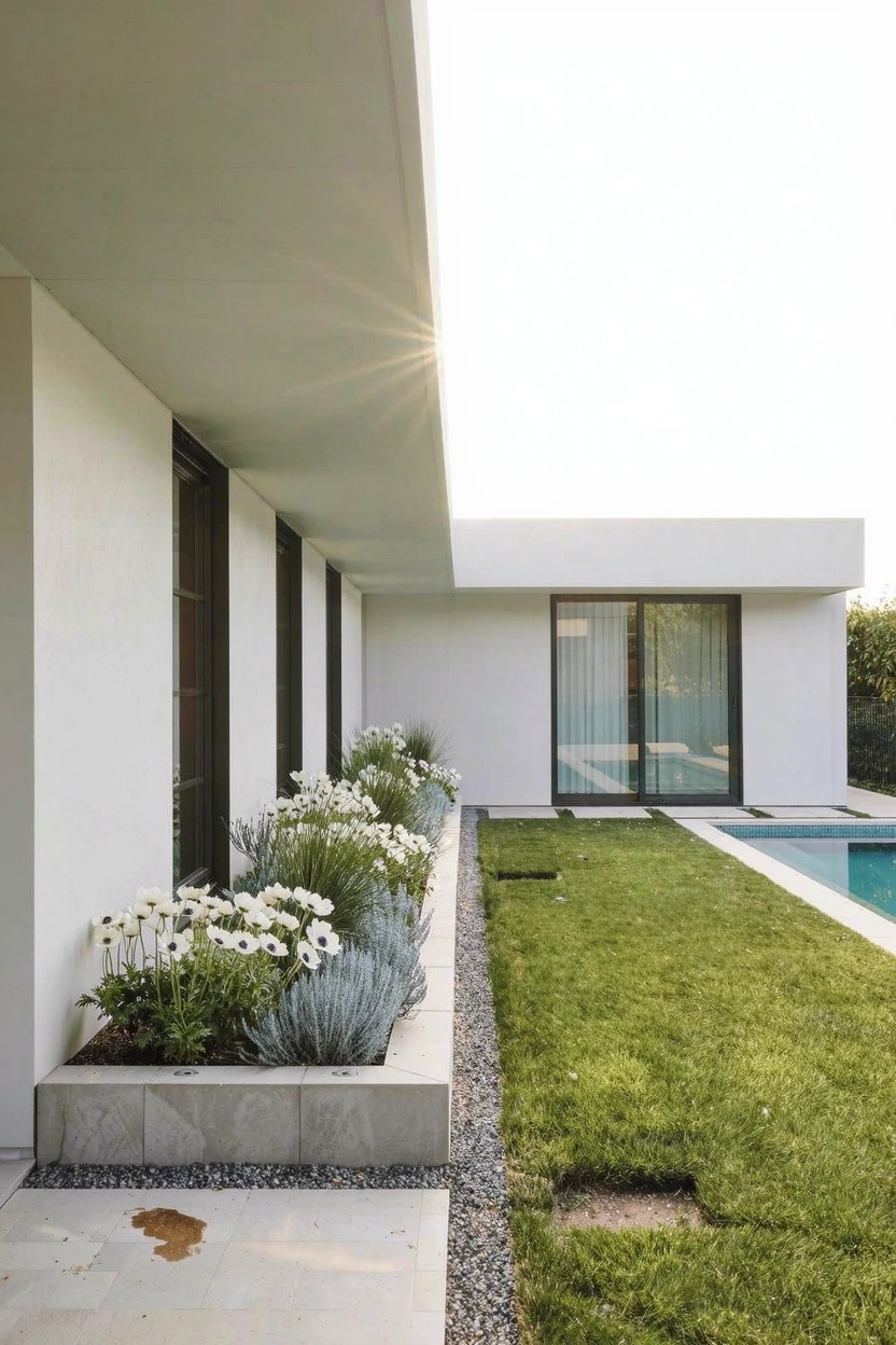 White modern house exterior with flat overhanging roof, black-framed windows and doors, raised concrete planter bed filled with white flowers and shrubs along the lawn edge next to a pool.