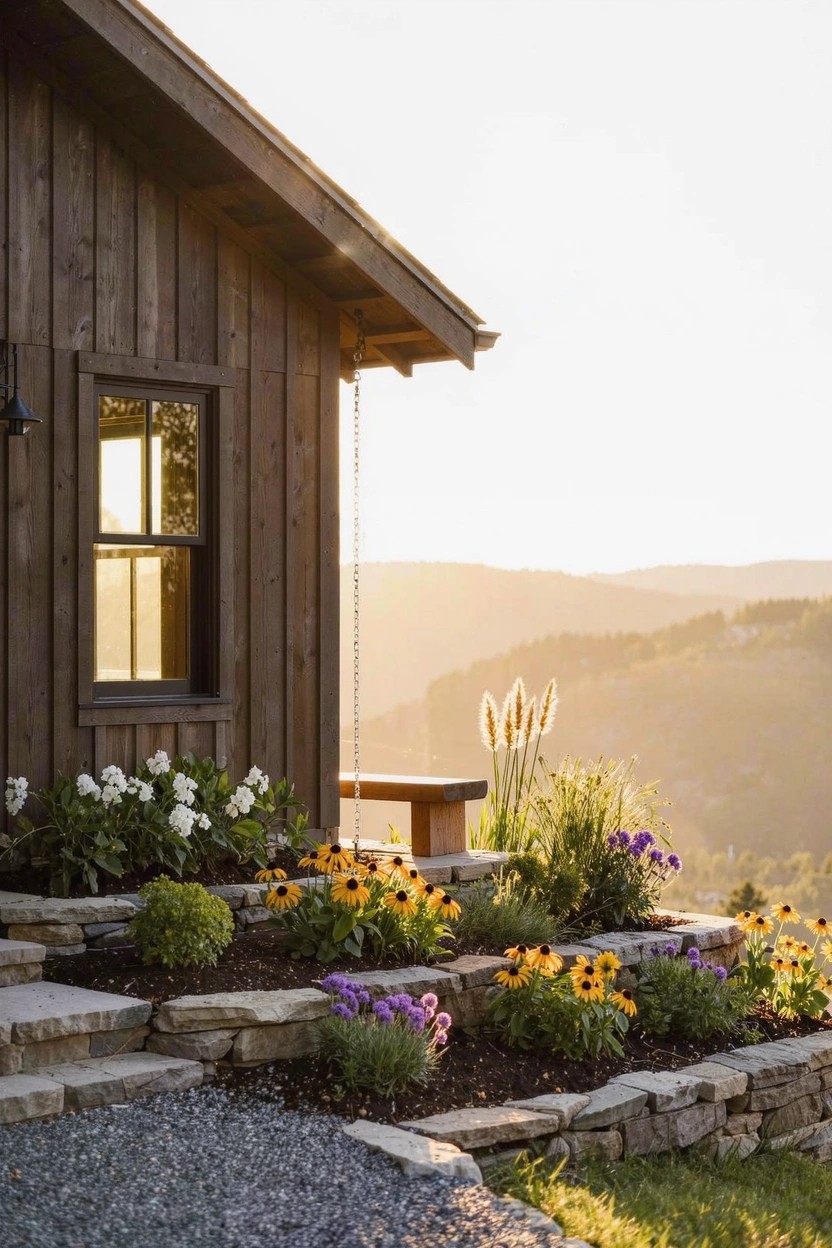 Raised Flower Beds Along Stone Steps