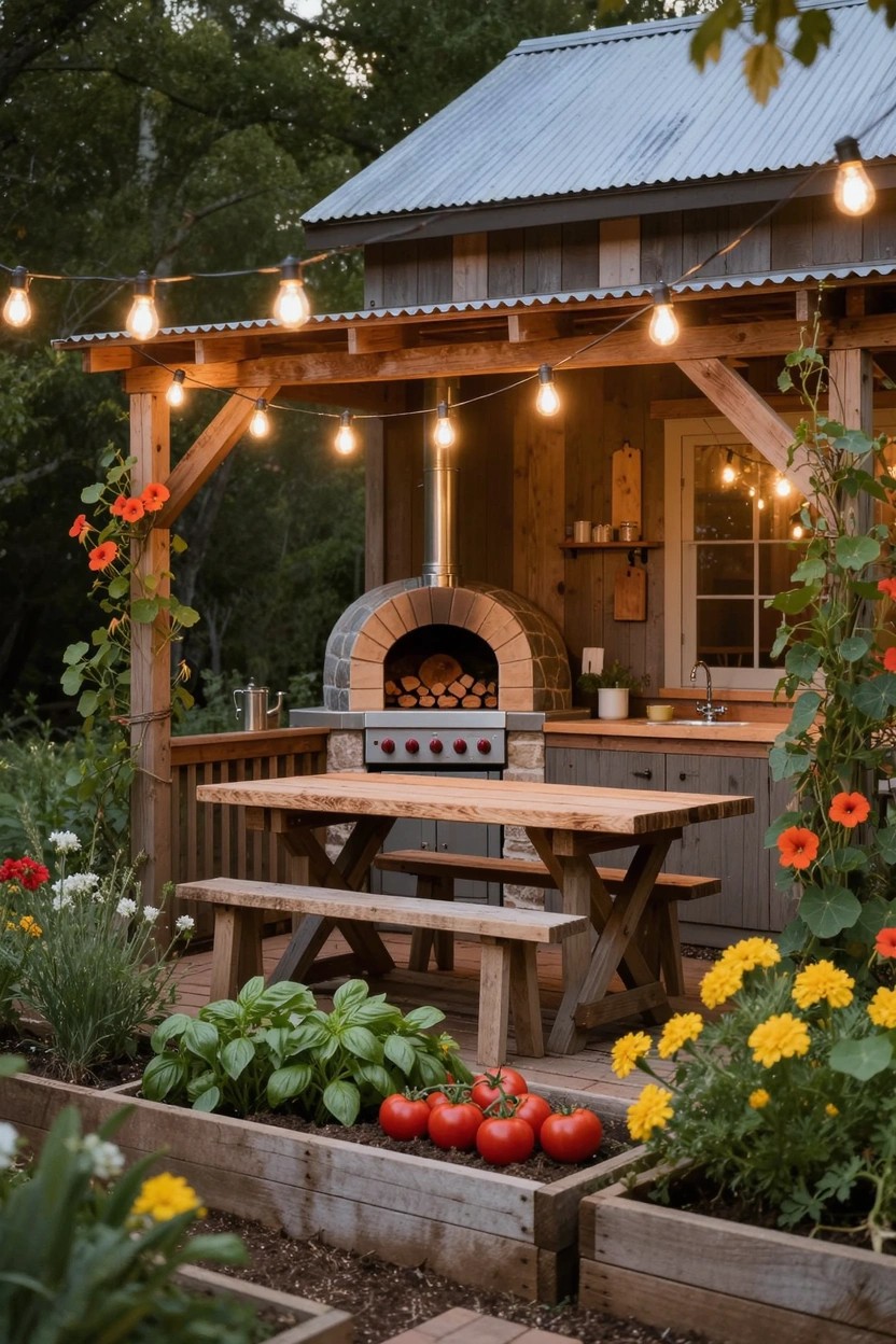 Rustic backyard patio featuring a stone wood-fired oven, wooden pergola with string lights and vines, picnic table, counter space, and adjacent raised wooden garden beds with flowers, tomatoes, herbs, and vegetables.