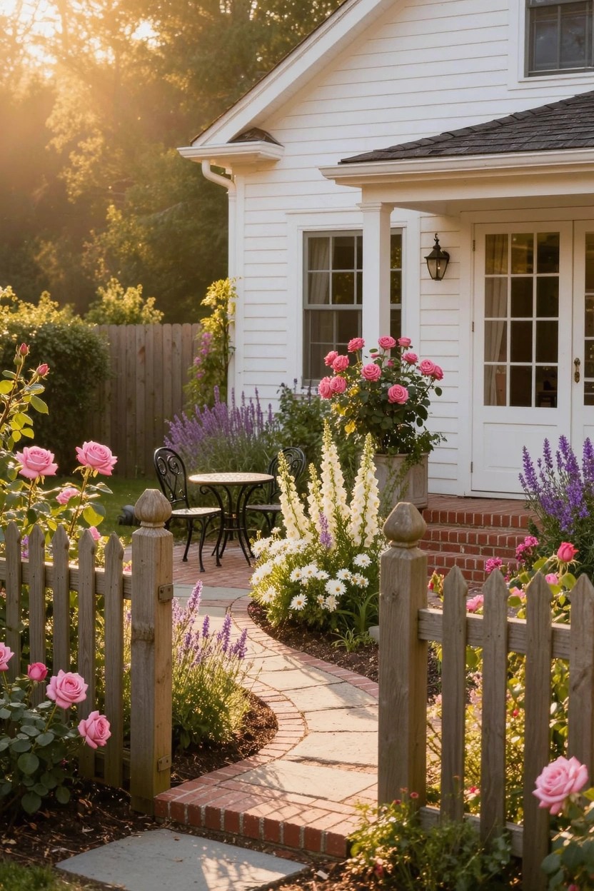 White clapboard house with covered porch and brick steps, flanked by flower beds of pink roses, lavender, and white foxgloves, with a stone pathway and wooden picket fence in a garden setting.