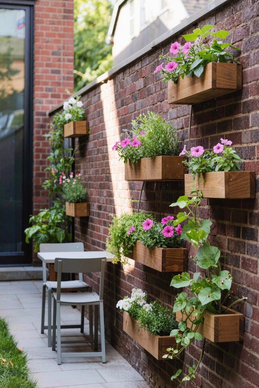 Brick backyard wall with wooden planters mounted at various heights filled with pink flowers, green herbs, and trailing plants, beside a small gray table and two chairs on paved stone.