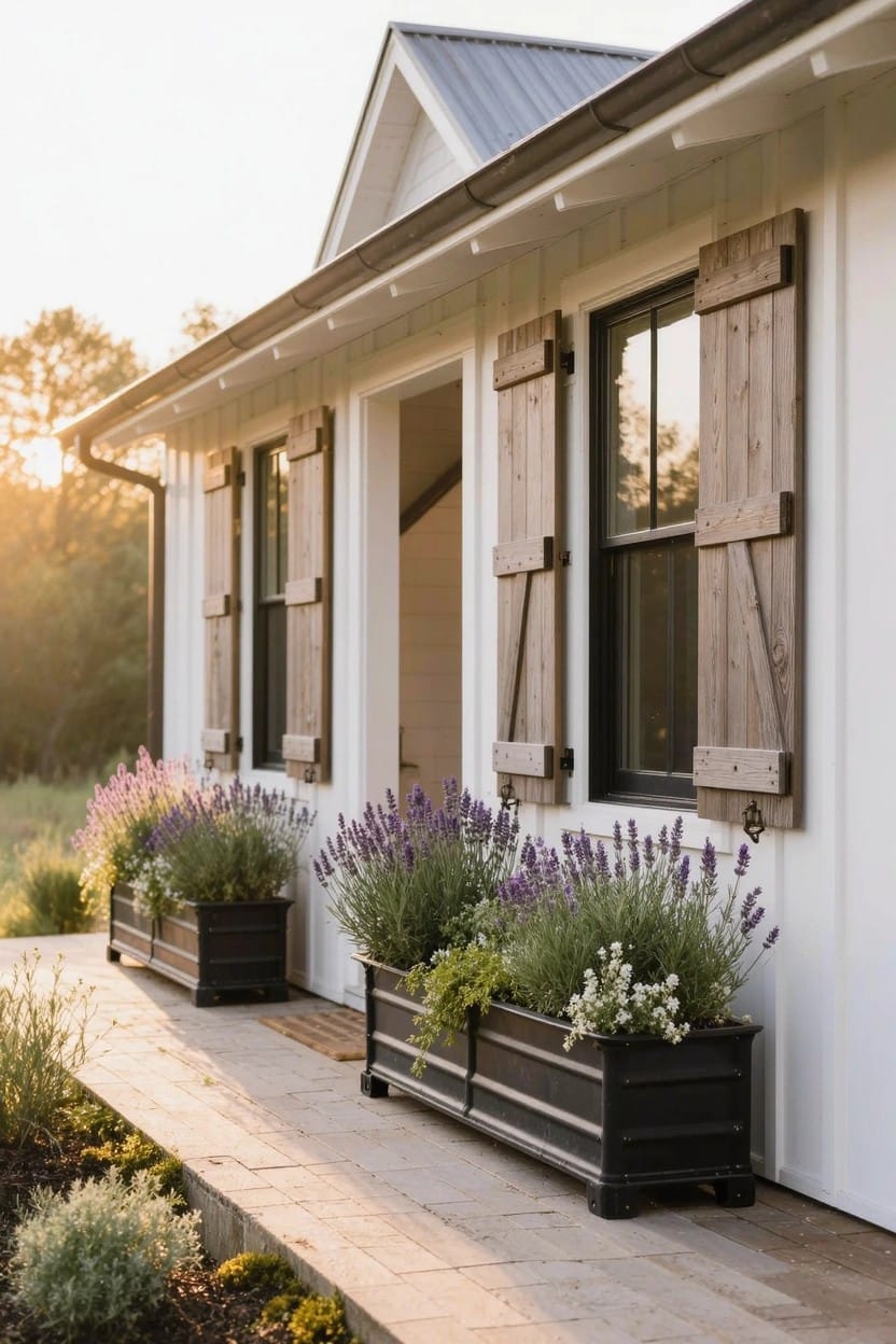 White farmhouse house with gabled metal roof, dark shutters, open front door, and large black metal planters filled with lavender and grasses lining the porch edge amid yard landscaping at sunset.