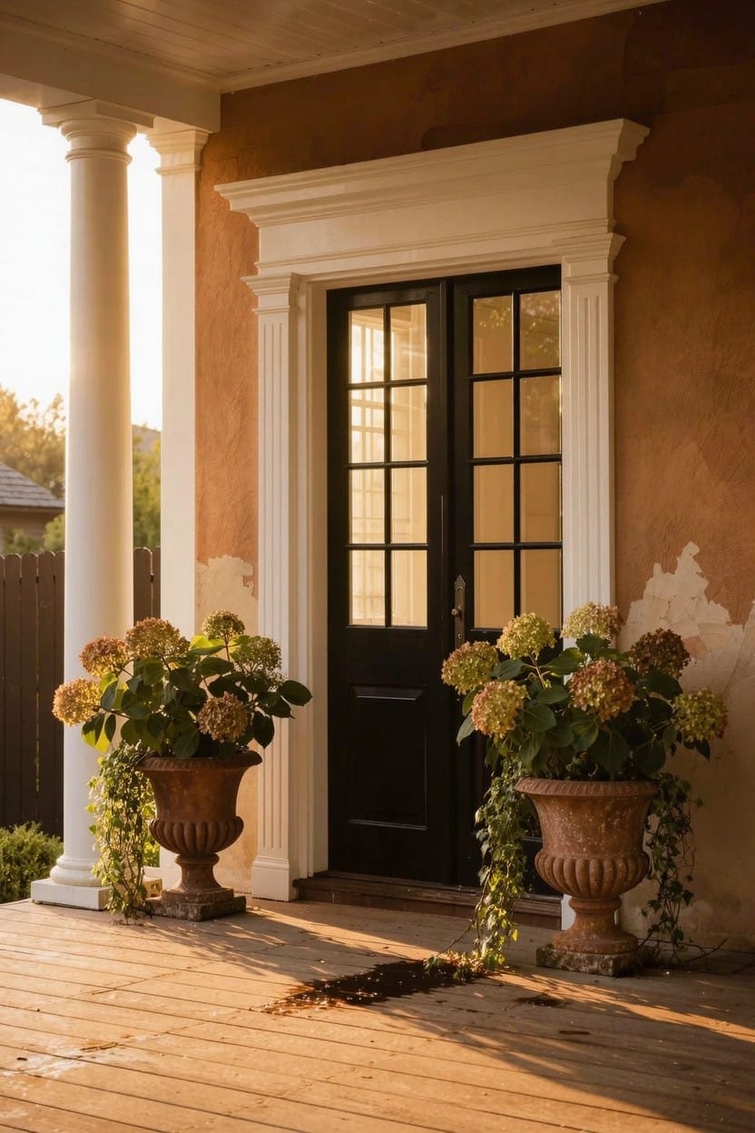 Front porch with black double door, white columns, terracotta stucco wall, and two large terracotta pots filled with hydrangeas and trailing ivy on a wooden deck.