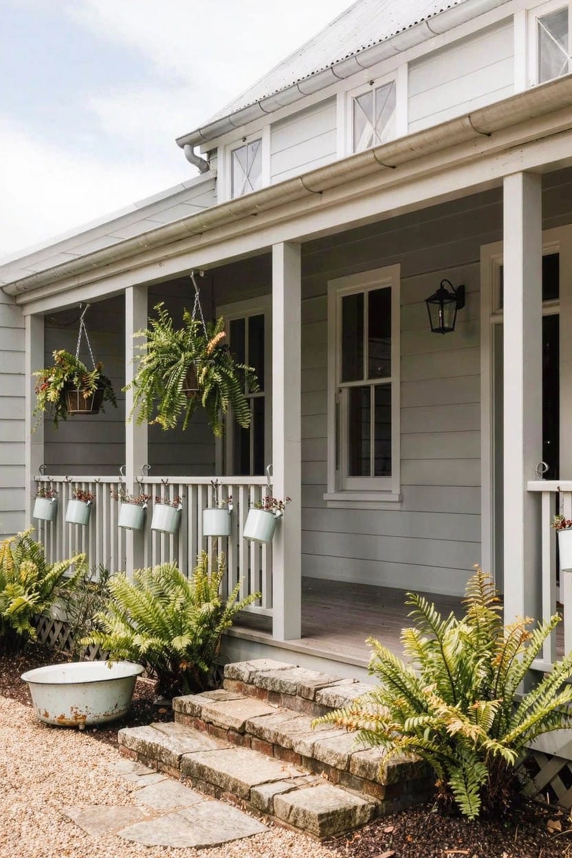 Light gray farmhouse exterior with gabled roof, wraparound front porch supported by white columns, white bucket planters and hanging ferns on railing, potted plants nearby, stone steps, and gravel path.