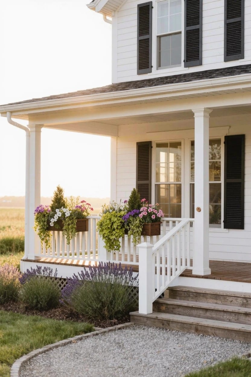 White farmhouse with covered front porch, white railings holding hanging baskets of pink and purple flowers, black shutters on windows, lavender plants near wooden steps, and gravel path in foreground.