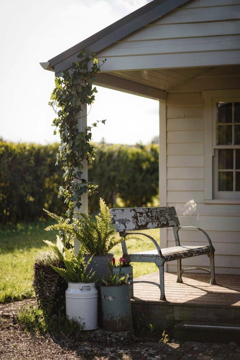 White clapboard farmhouse with covered porch, featuring a weathered metal bench, two old milk cans used as planters with ferns, ivy climbing a porch post, grass, and hedge in background.