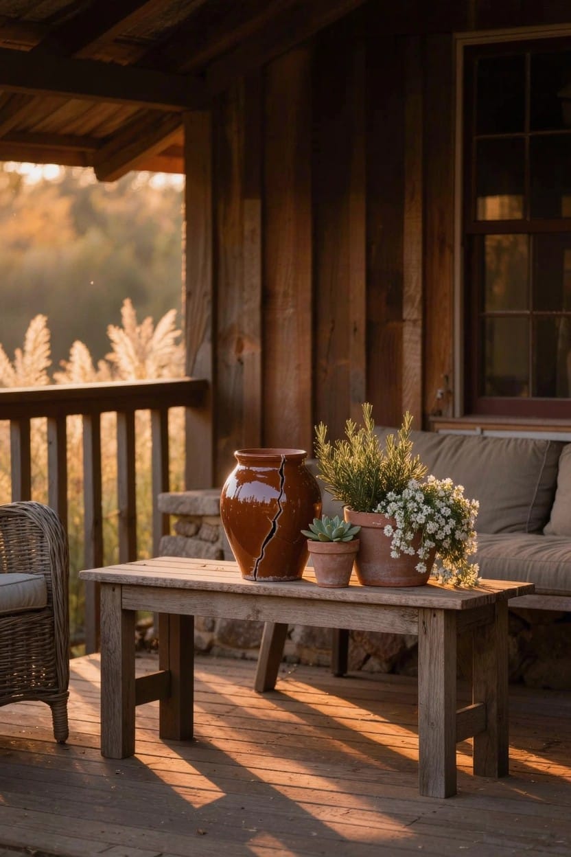 Rustic covered porch with wooden bench, cushions, low wooden table holding large terracotta pot and smaller potted plants, wooden siding, railing, and pampas grass outside.