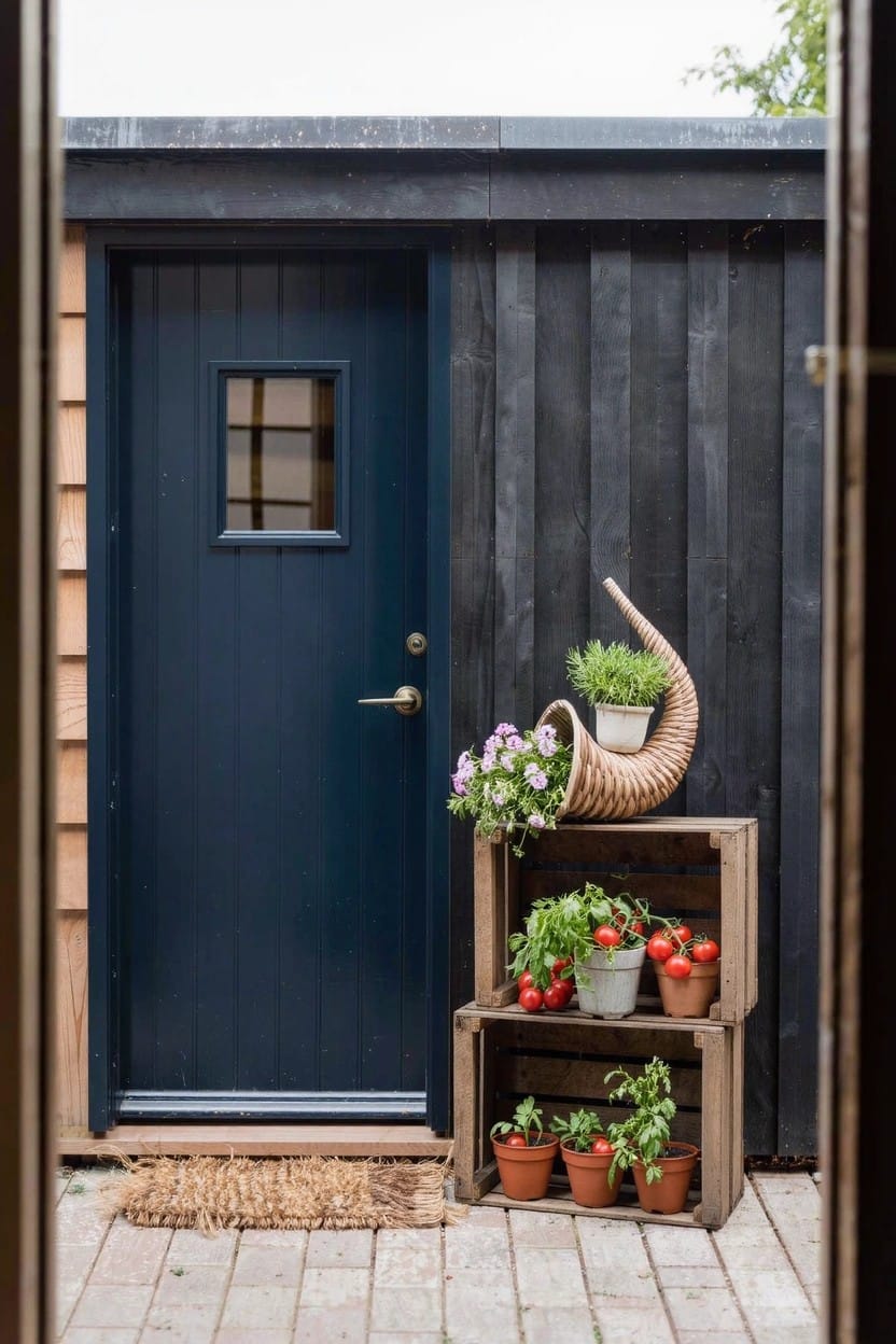 Dark blue wooden front door on a structure with black vertical siding and wood shingle siding, beside stacked wooden crates holding potted tomatoes and herbs, topped by a horn-shaped basket of flowers and plants.