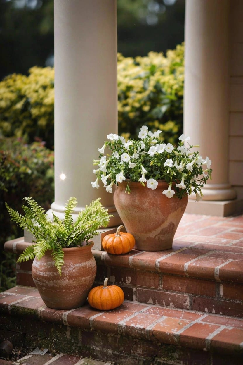 Front porch with white columns and brick steps holding large terracotta pots of white trailing flowers and ferns, plus small orange pumpkins on the steps and nearby pots.