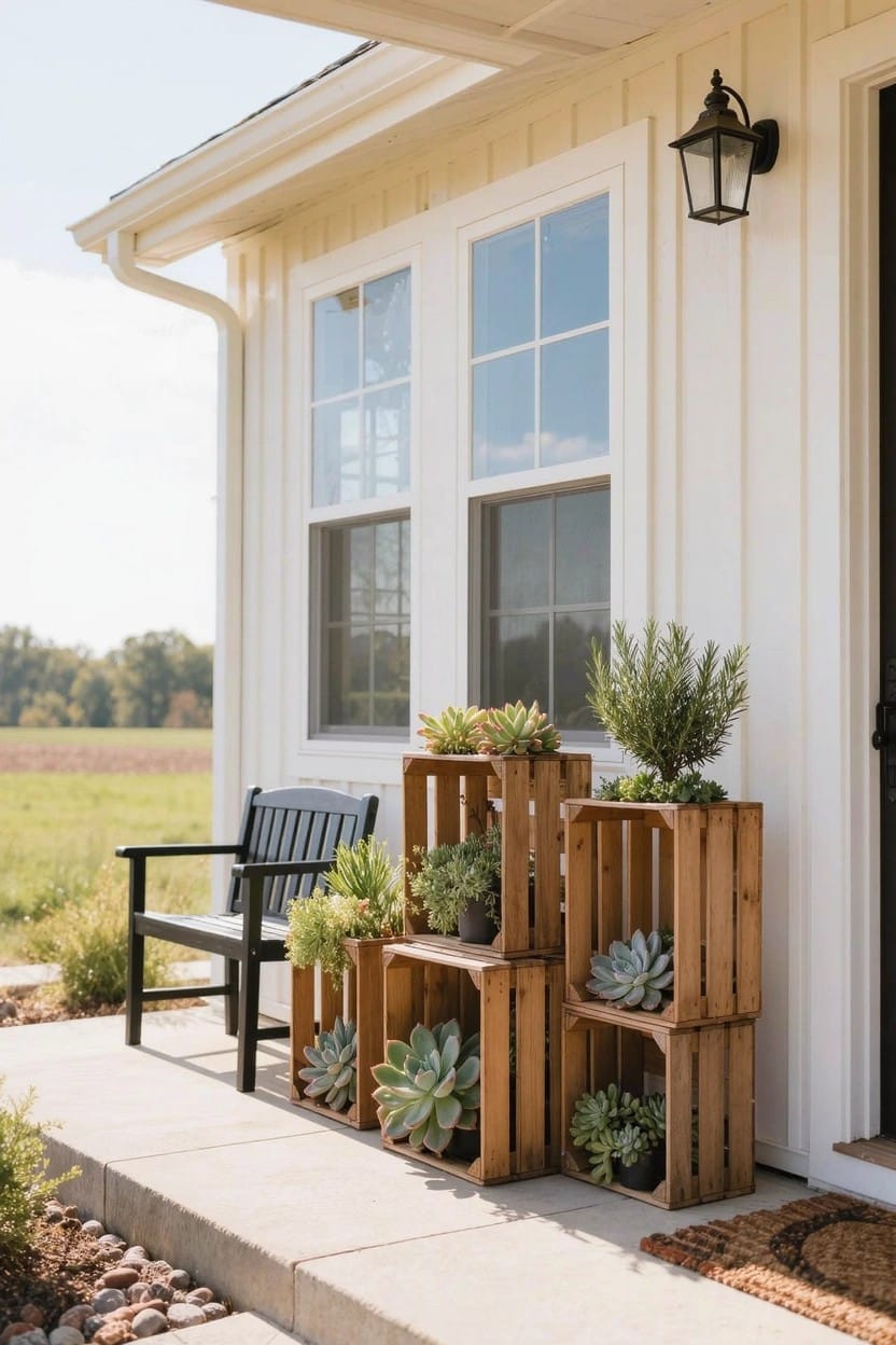 White farmhouse house exterior with stacked wooden crates filled with succulents and potted herbs on front porch steps beside a black wooden bench.