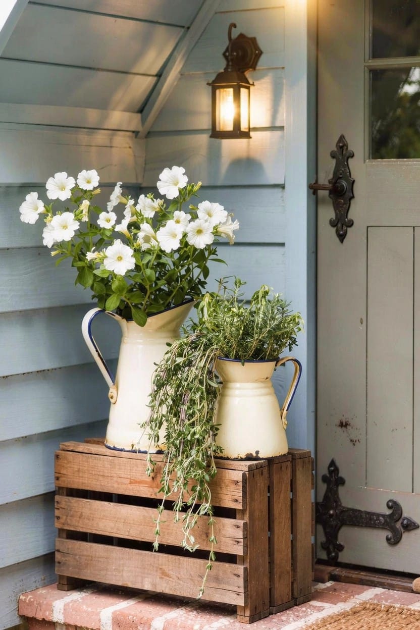 Light blue wooden gabled entry with open door, two white enamel pitchers on wooden crates holding white flowers and trailing green herbs, brass wall lantern lit above the door handle.