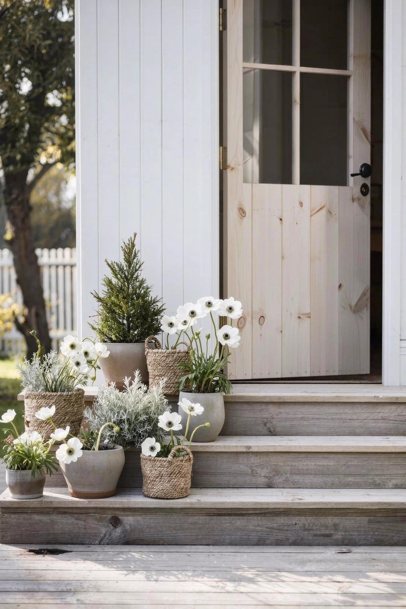White clapboard house exterior with open light wooden door on a porch, steps covered in assorted gray, terracotta, and woven pots holding white flowers, greenery, and a small evergreen tree.