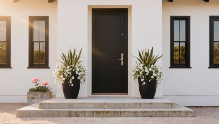 20 Fresh Porch Flower Pots That Create A Welcoming Entry Black house exterior with covered porch, two tall black pots of white hydrangeas and ornamental grass flanking a glass entry door, concrete steps, and nearby landscaping.