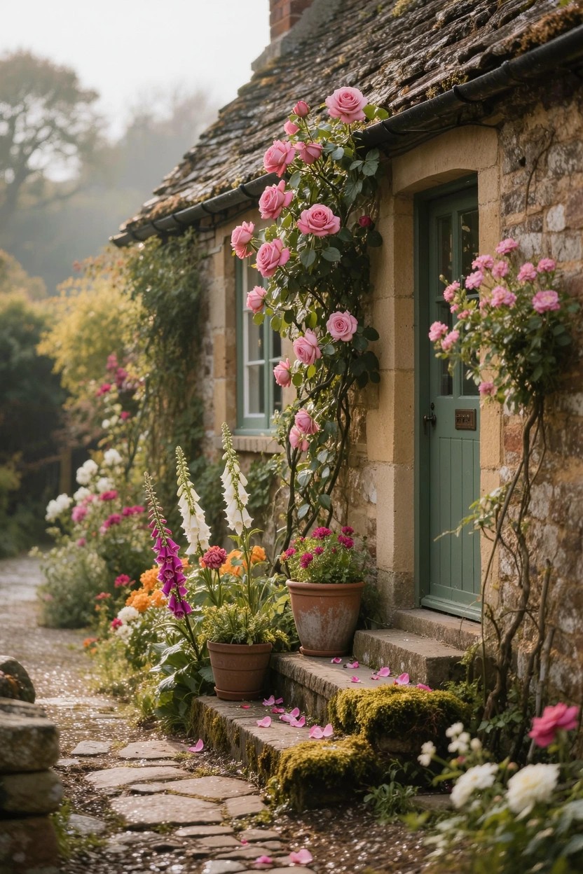 Stone cottage with green door and windows, climbing pink roses on walls, two terracotta pots with flowers on mossy steps, and assorted garden plants along a stone path.