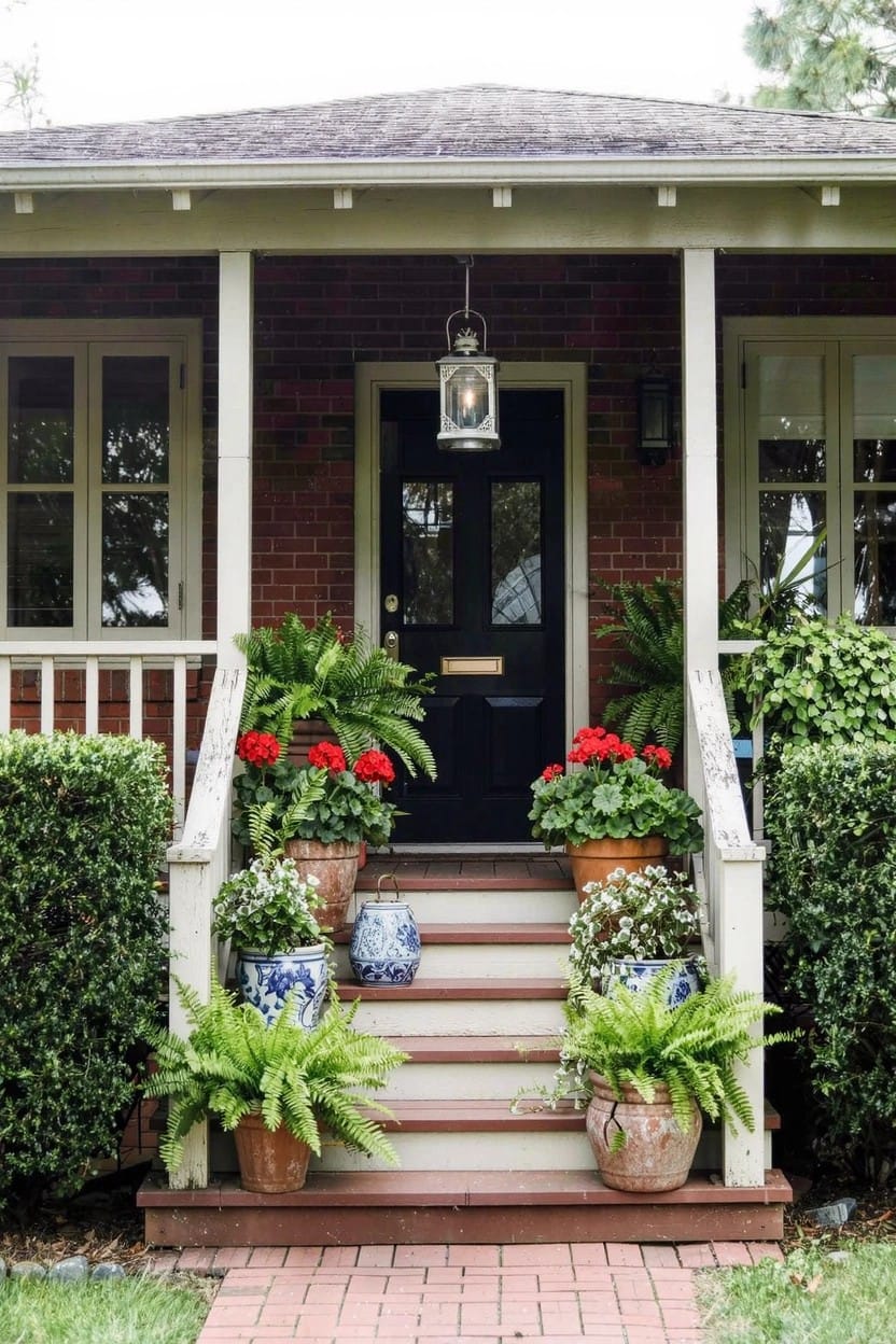 Brick home with white porch rails and steps lined with potted ferns, red geraniums, and blue porcelain pots, plus shrubs and flowers flanking the black front door under a hanging lantern.