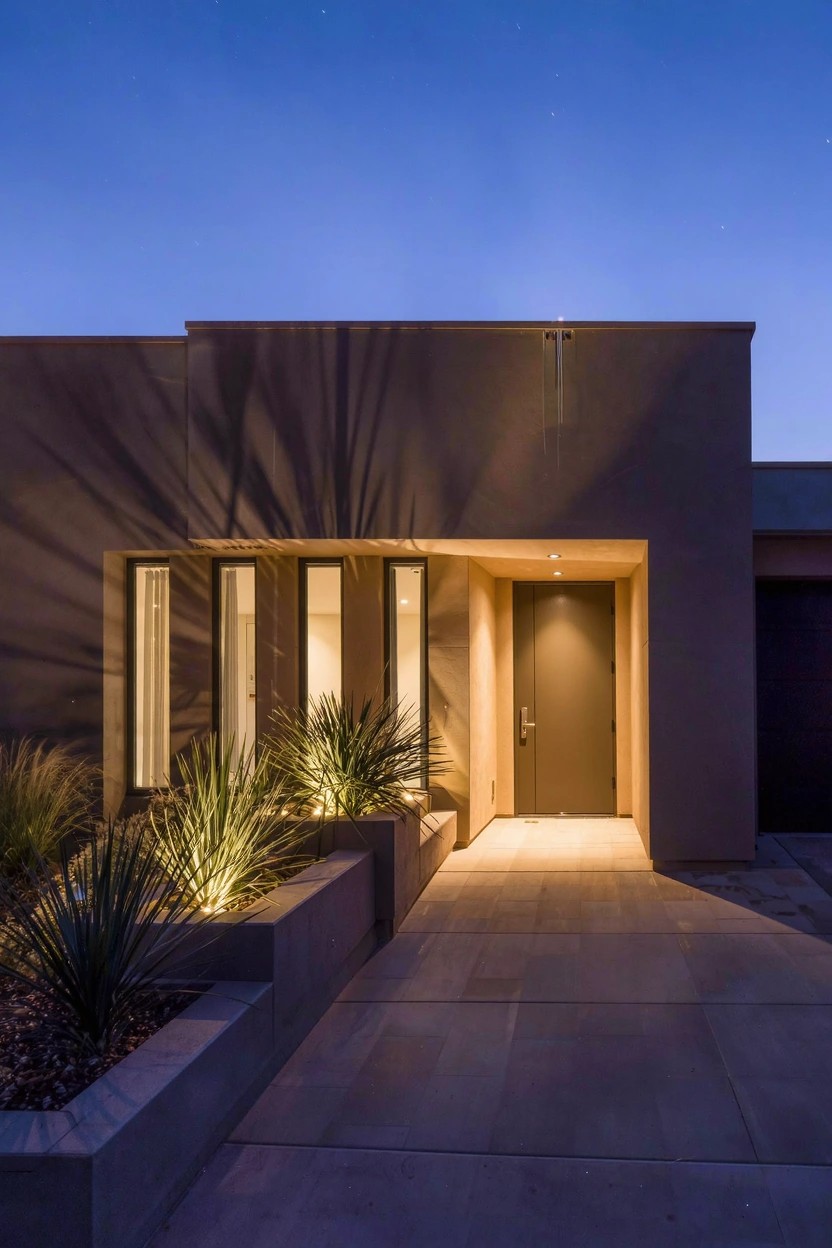 Contemporary house exterior at dusk with raised concrete planters holding tall fan palms flanking a paved path to a wooden entry door, plants lit from below.