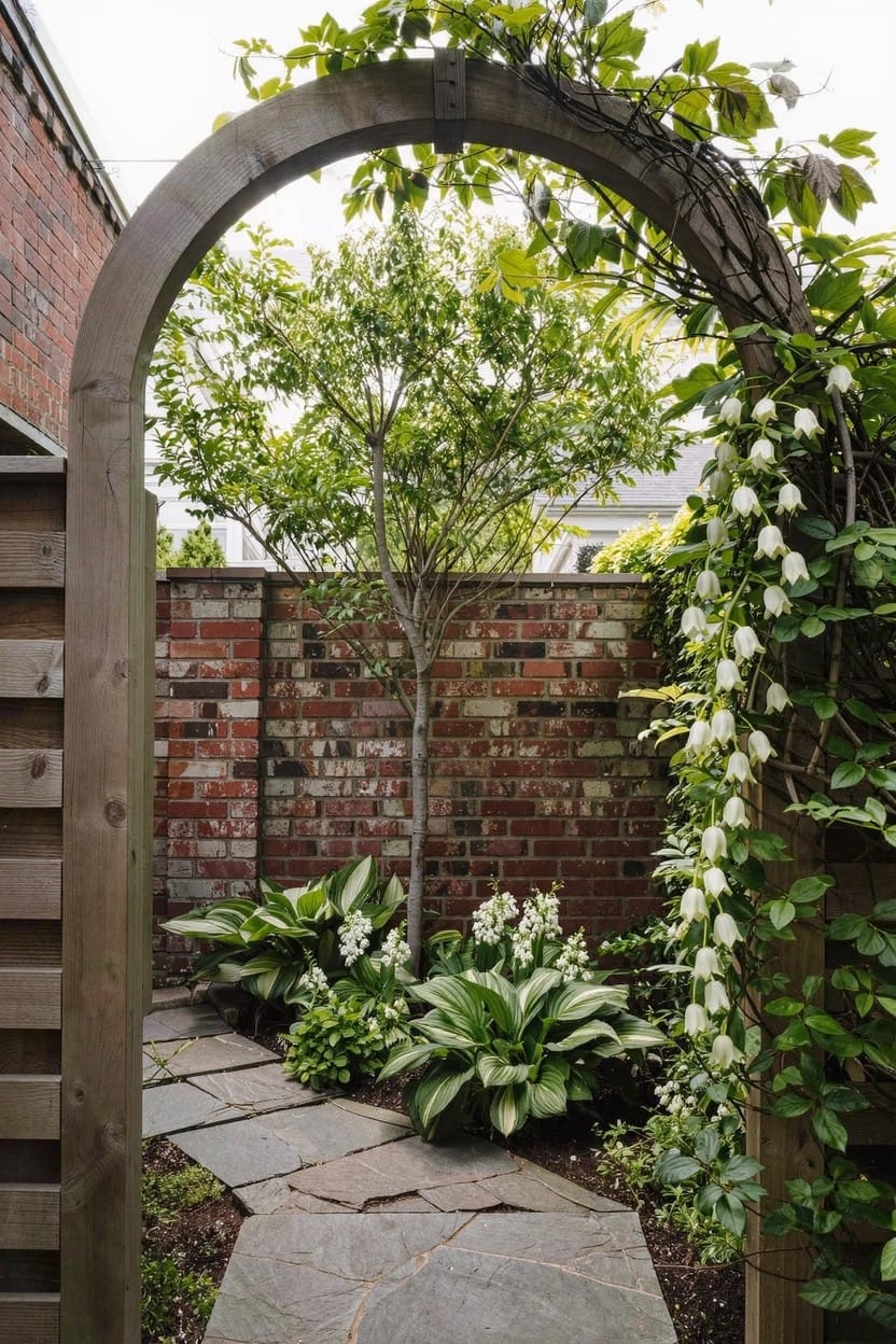 Wooden arched trellis covered in green vines and dangling white flowers spans over a flagstone pathway leading toward a small deciduous tree surrounded by hosta plants against a brick wall.