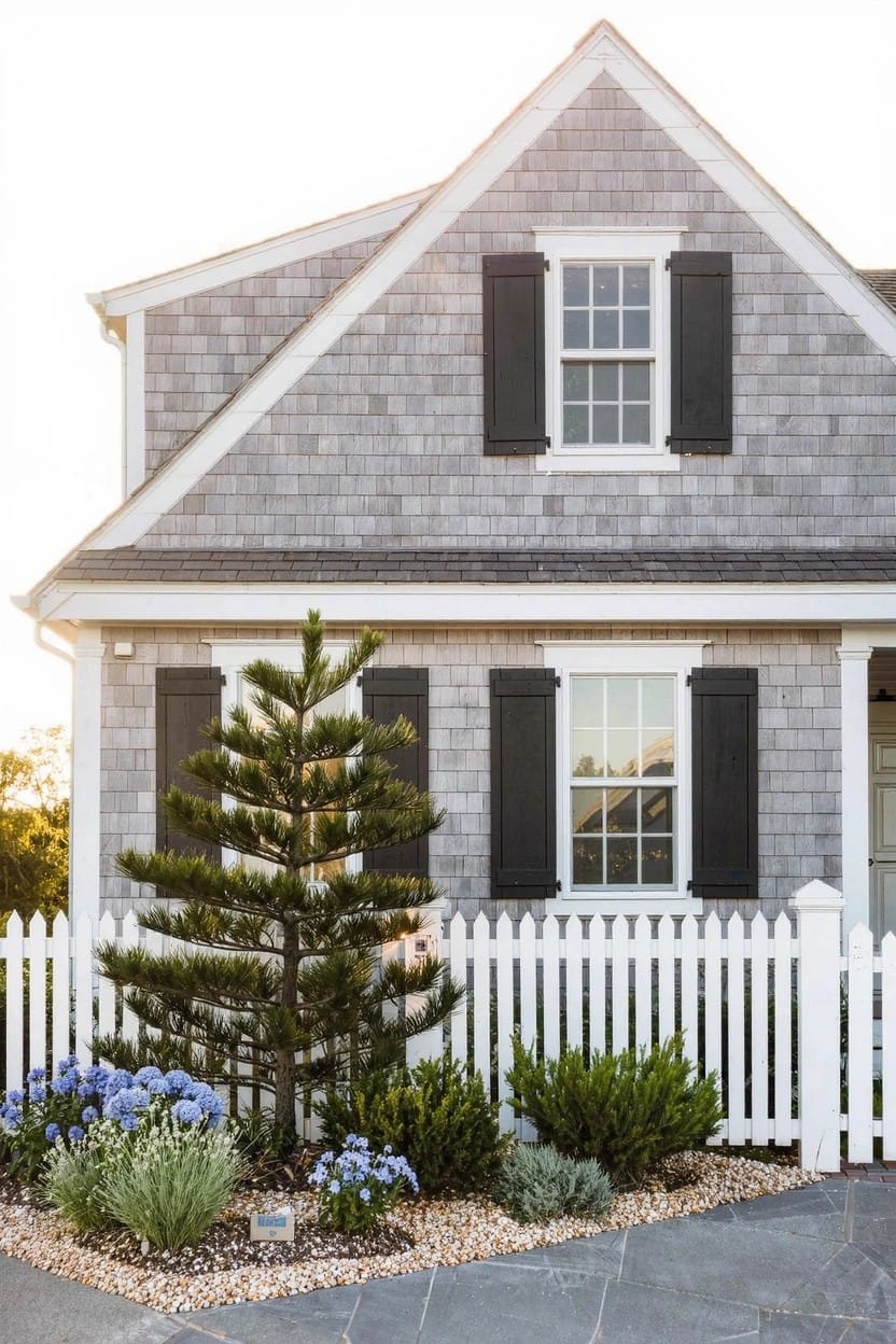 Gray shingle siding house with gabled roofline, black shutters on white-framed windows, white picket fence, and small pine tree surrounded by blue hydrangea flowers, gravel mulch, and low shrubs in curved bed.