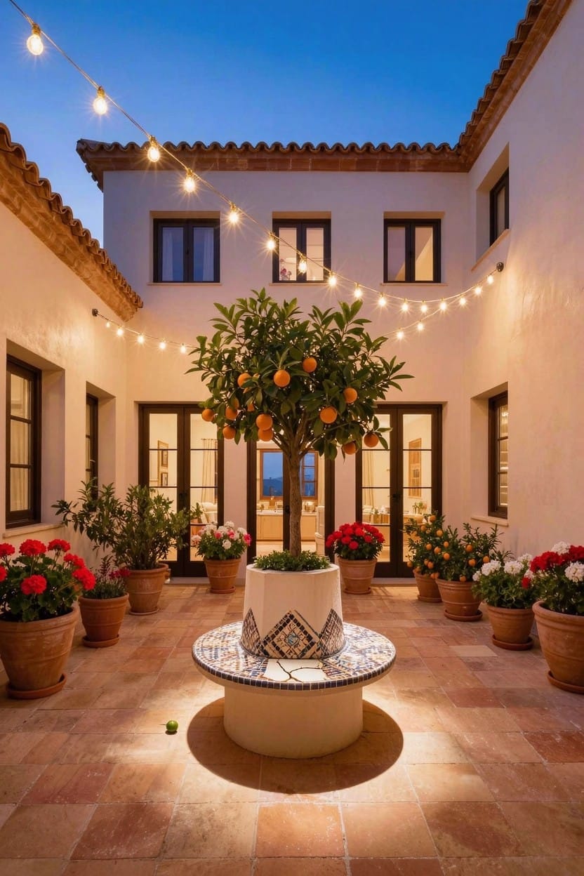 White stucco courtyard at dusk with central potted orange tree on raised pedestal circled by terracotta pots of red and orange flowers, overhead string lights, tiled floor, and French doors in walls.