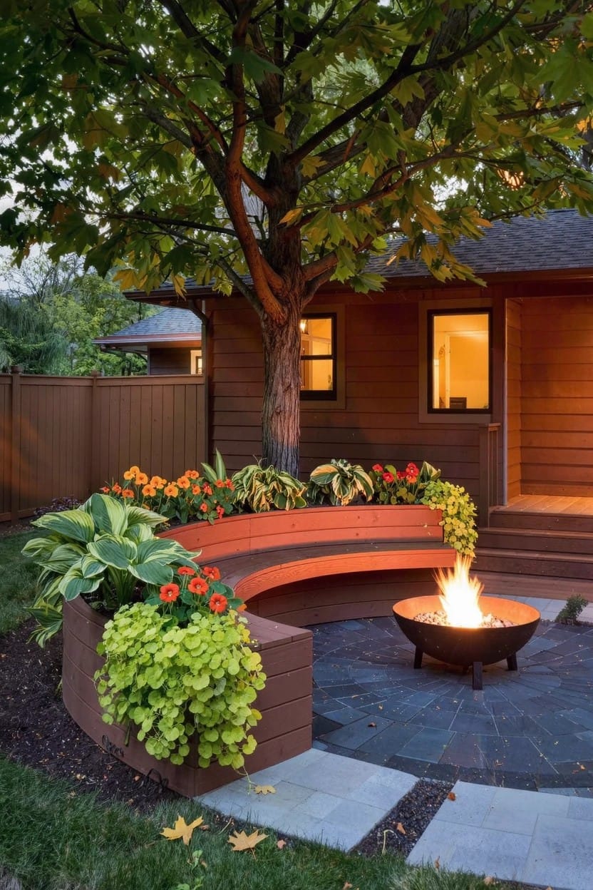 Curved wooden bench built into raised planters filled with orange marigolds, green hostas, and other flowers around the base of a large tree, with a metal fire pit on stone pavers in front and a brown house with lit windows behind.