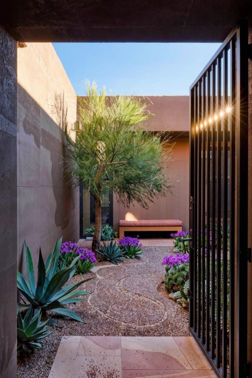 Curving gravel pathway winds through agave plants and purple flowers encircling a slender green tree next to a bench in a reddish-walled courtyard with a black metal gate and sunlight streaming in.