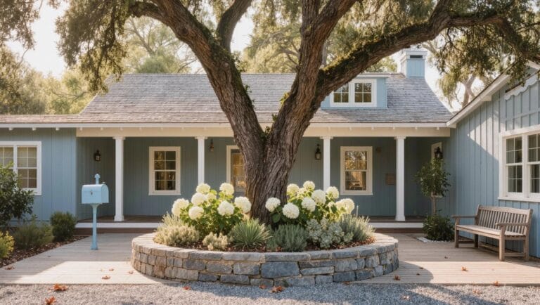 20 Gorgeous Flower Bed Around Tree Ideas That Create a Focal Point White house with porch and metal roof centered on an olive tree in a circular stone planter bed planted with white flowers, silvery plants, and succulents, gravel yard with wooden paths.