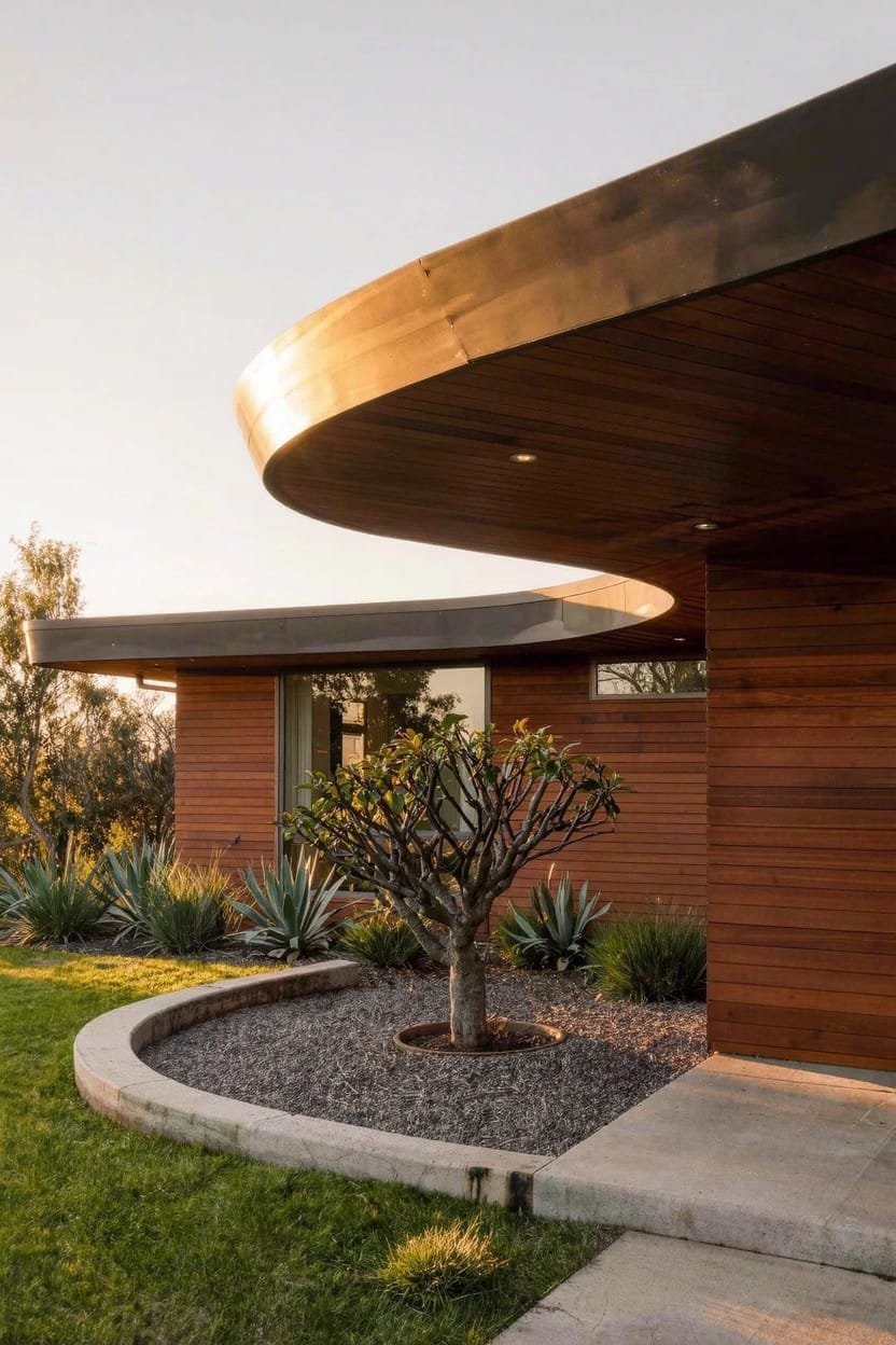 Modern house with wood siding and curved roof overhang, showing a small tree in a curved gravel bed planted with agave plants, edged by grass and stone near the entry path.