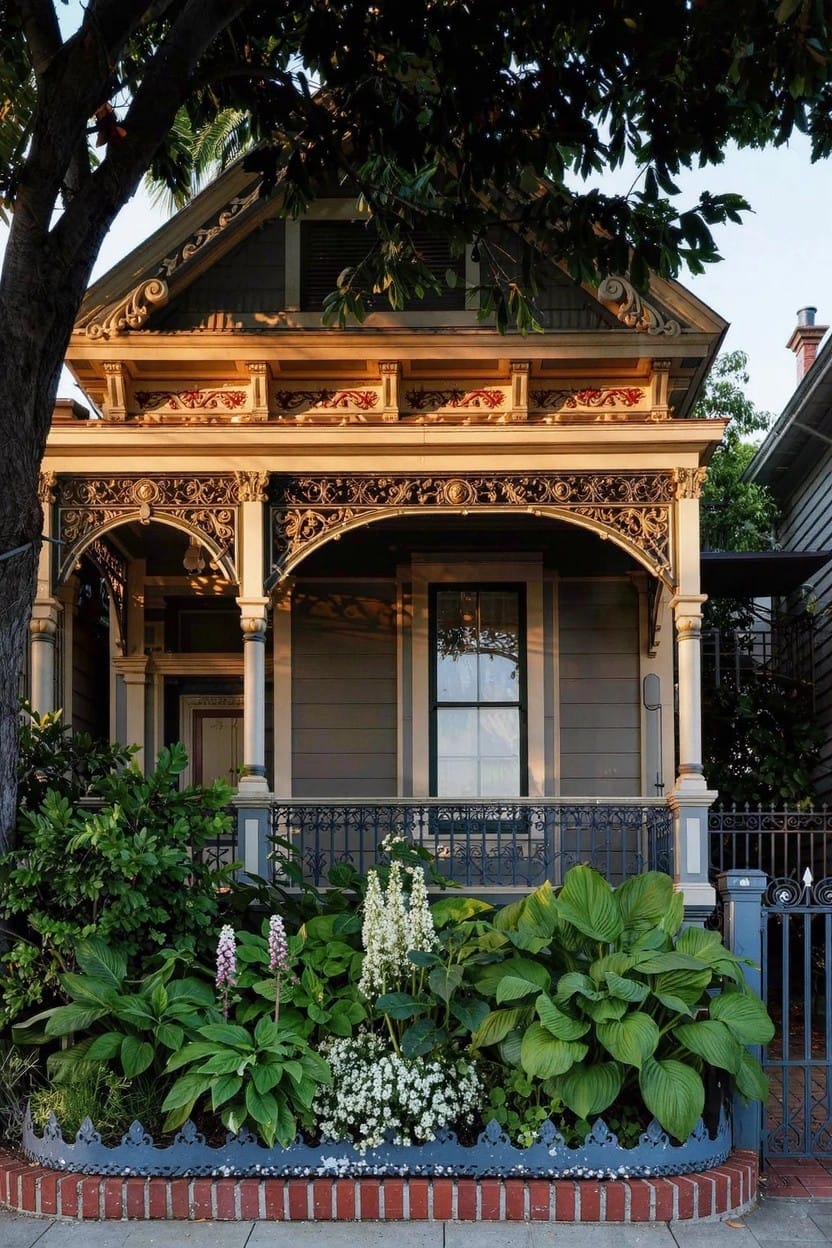 Gray Victorian house with ornate porch under large tree branches, curved flower bed of broad green hostas, tall white flower spikes, small white flowers, bordered by wrought-iron fence and brick edging.
