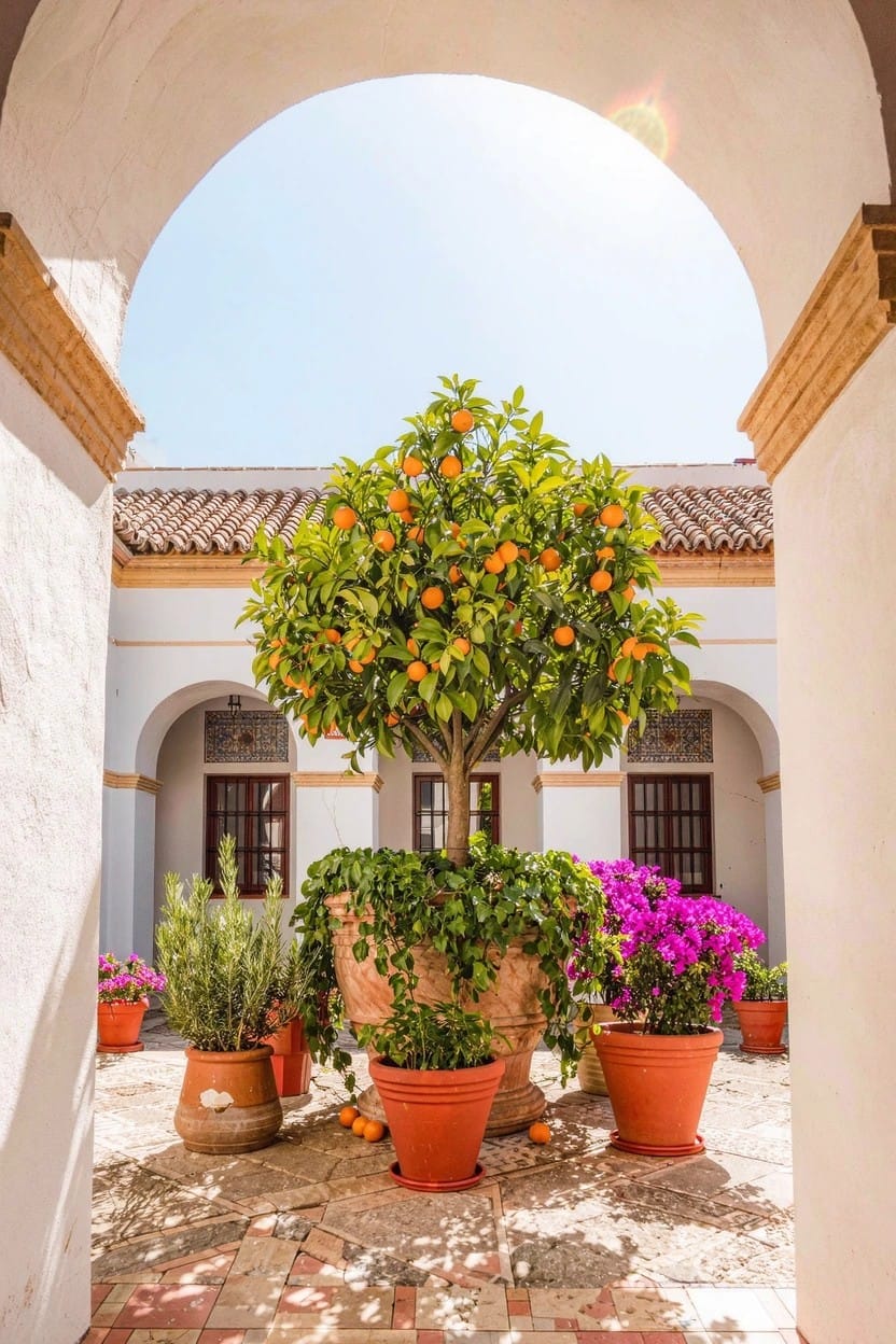 Symmetrical light beige stone mansion facade centered on a circular flower bed around a green tree with pink and white flowers, set in a gravel driveway surrounded by lawn.