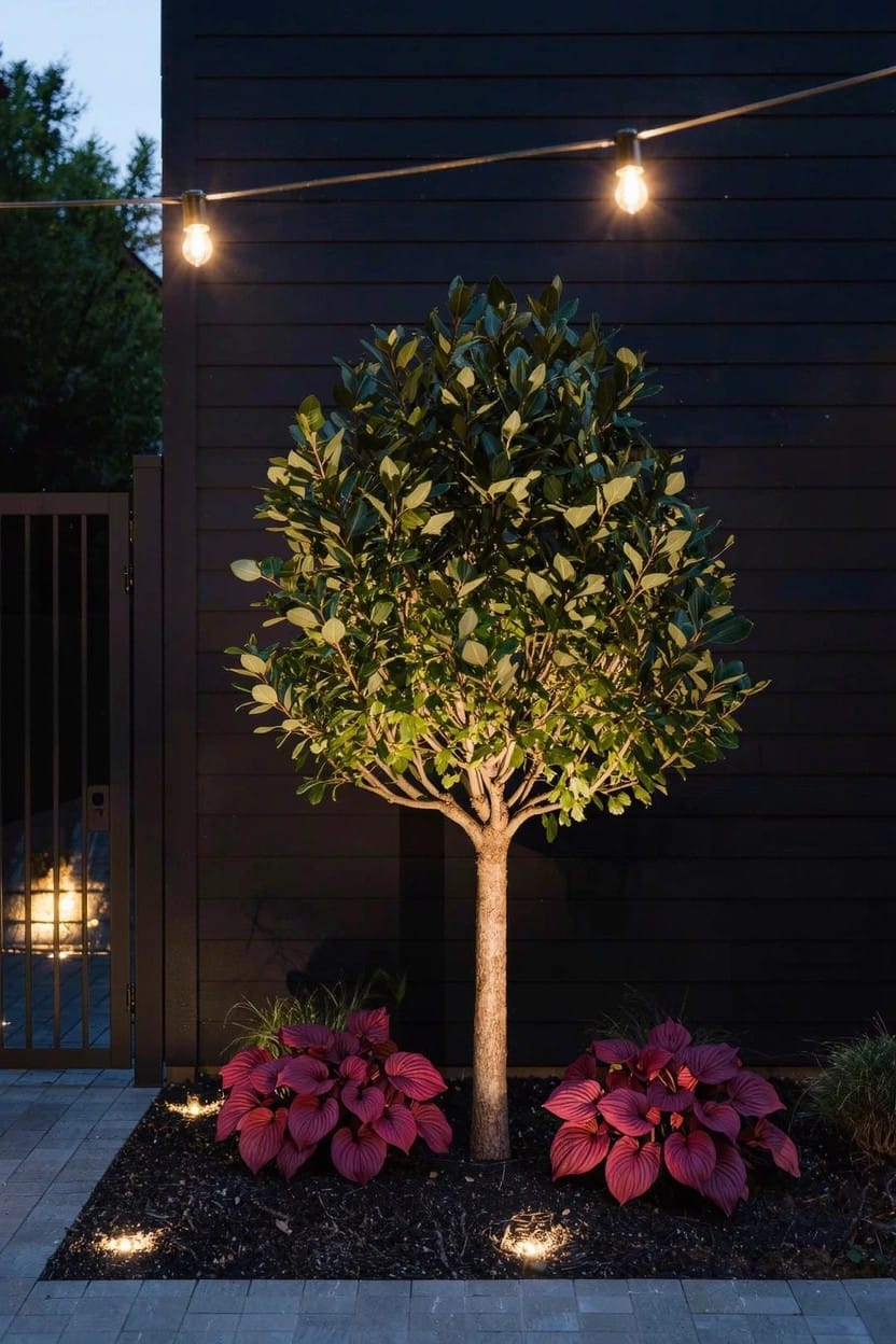 Small tree with green glossy leaves in a circular bed of purple-red foliage plants and black mulch against a dark siding wall, with uplights on the trunk, string lights overhead, and a metal gate nearby at dusk.