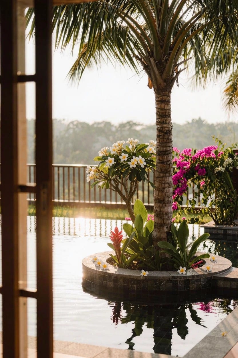 Open wooden doors overlooking a backyard pool edged in stone, with a tall palm tree encircled by a round flower bed of white plumeria, pink bougainvillea, and green plants.