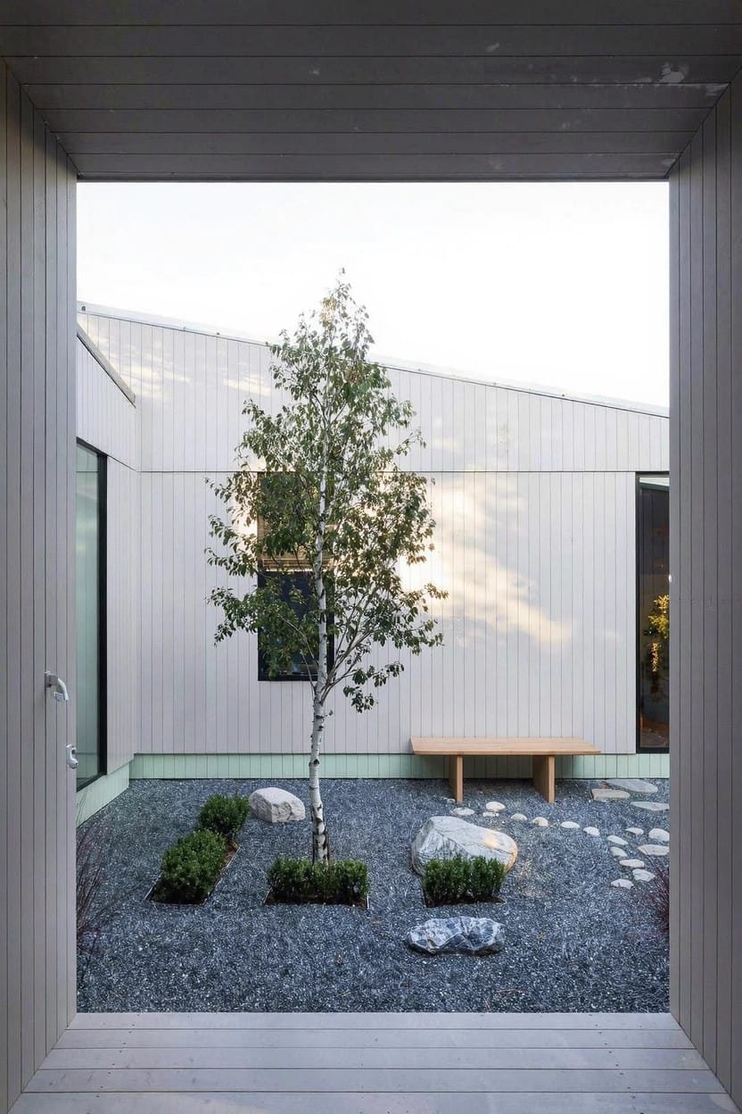 Modern house opening frames a small gravel courtyard garden centered on a birch tree with surrounding square low hedges, large rocks, stepping stones, and a wooden bench.