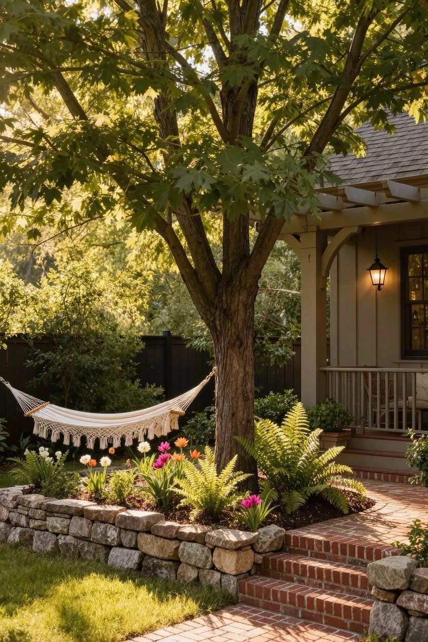 Mature tree in front yard with hammock strung between branches, base surrounded by stone retaining wall holding pink tulips, white flowers, and ferns, brick steps leading to beige house porch.