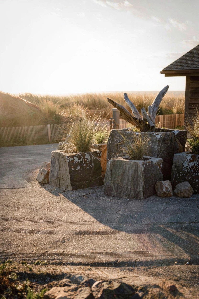 Gray boulders stacked and arranged outdoors with beach grass planted in some, driftwood nearby, a shingled shed, and dunes in the background on a gravel driveway at sunset.